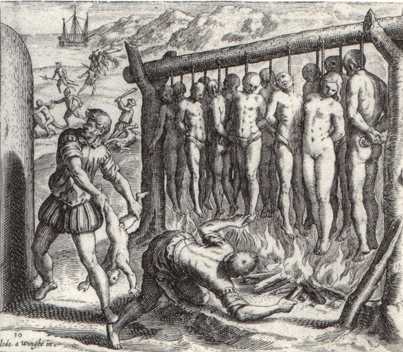 Illustration from "A Short Account of the Destruction of the Indies" written by Bartolomé de las Casas (1552). Illustration by Theodor de Bry. (Credit: Wikimedia Commons)